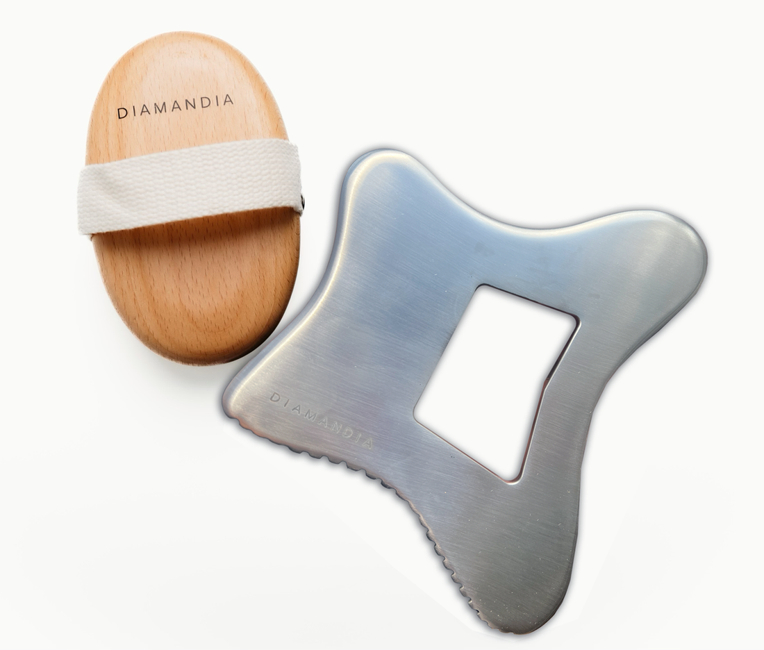 A serene spa setting with a woman using a Bian stone Gua Sha tool on her face, surrounded by soothing elements like a wooden tray with vegan body oil and meditation stones.